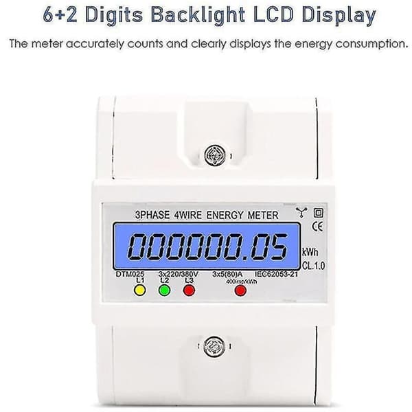 OEM – Trefasmätare 220/380 V 5–80 A – Bakgrundsbelyst LCD-display – DIN-skenmontering – Noggrannhetsklass 1.0