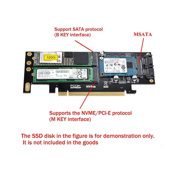 3 i 1 stasjonær datamaskin Riser Card Pcie X16 To M.2 M Key Nvme Ssd+m.2 B Key Sata Ssd+msata Ssd Adap
