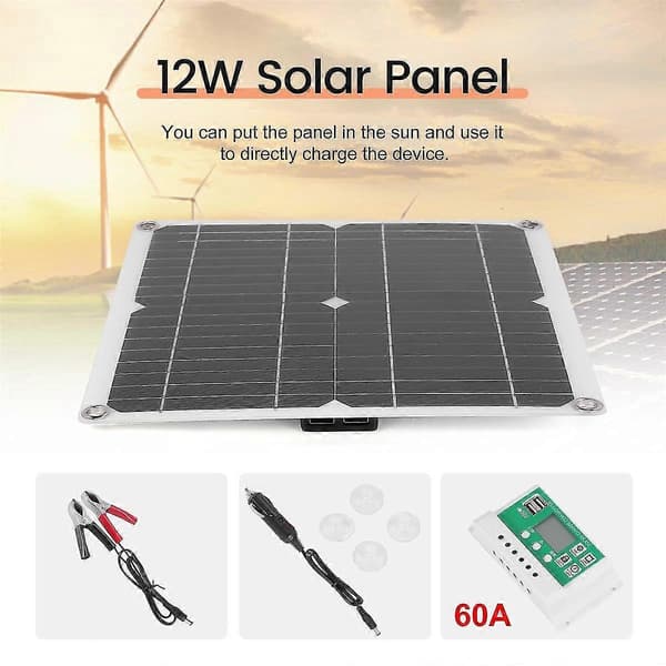 12w Solpanel Kit 60a 12v Batterilader Med Controller Caravan Båd