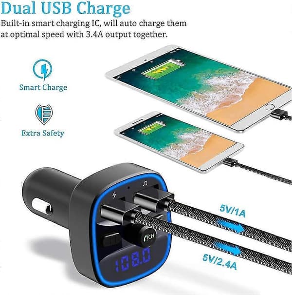 Bluetooth FM-sender, Bluetooth 5.0 Bilradioadapter MP3-afspiller Trådløst Håndsfrit Sæt, Cigarettænderoplader med Dobbelt USB-porte 5V/2.4A1A,s