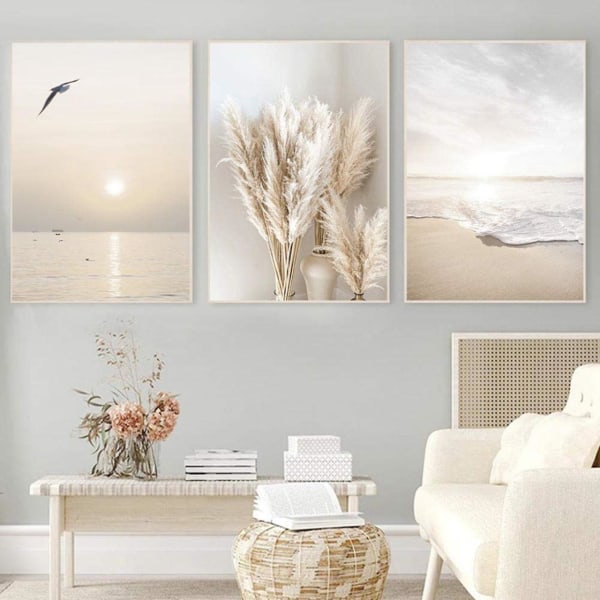 3 kpl Beige Grass Sunset Beach Palm Tree Canvas Painting Nordic Posterit ja Painatukset Seinäkuvat