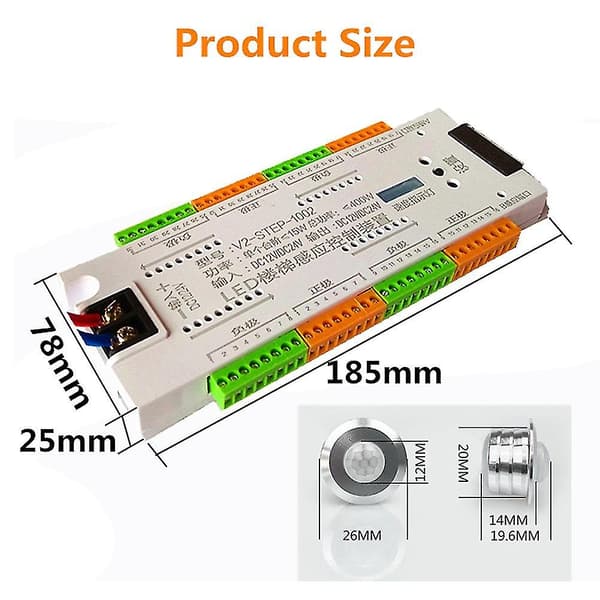 Trappelyssensorstyring med bevegelsessensor DC 12V 24V 32 Kanaler Innendørs PIR Nattelyss Dimmer For Trapper