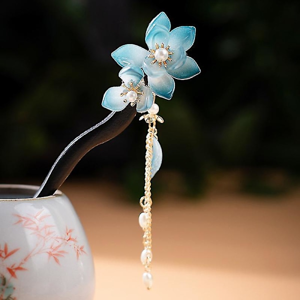 Blå Lotus Hårnål Handgjord Trähårpinne Kvinnor Retro Hårnål Blomma Dekor Hårpinnar För Långt Hår Modell 1st