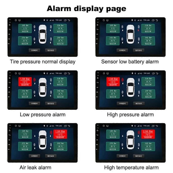 Android Navigasjon TPMS med 4 Sensorer Alarmsystem USB Android Bil TPMS Trådløs Overføring Dekkovervåking (Ekstern)