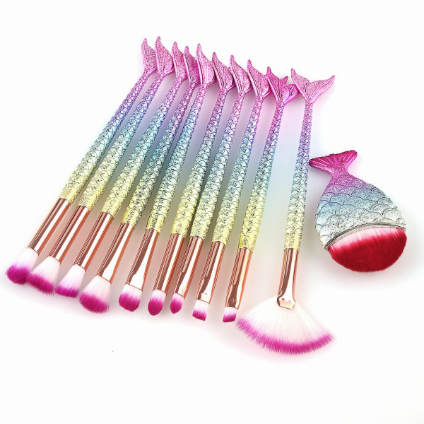 Farverigt unikt havfrue makeup børstesæt | Syntetiske børstespidser | 10 stk + 1 stk Fish Shape børste