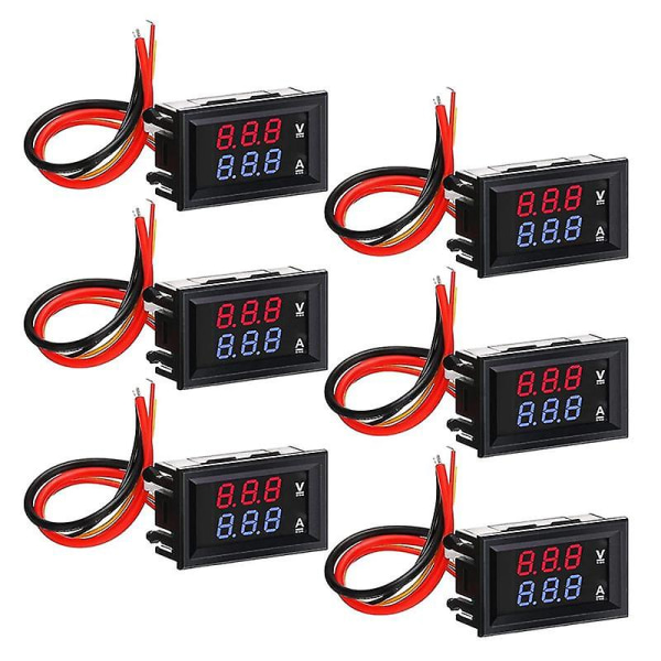 6 stk Digital Voltmeter Amperemeter DC 100V 10A Blå Rød LED Strøm Spenningsmåler Tester Dobbel Skjerm P