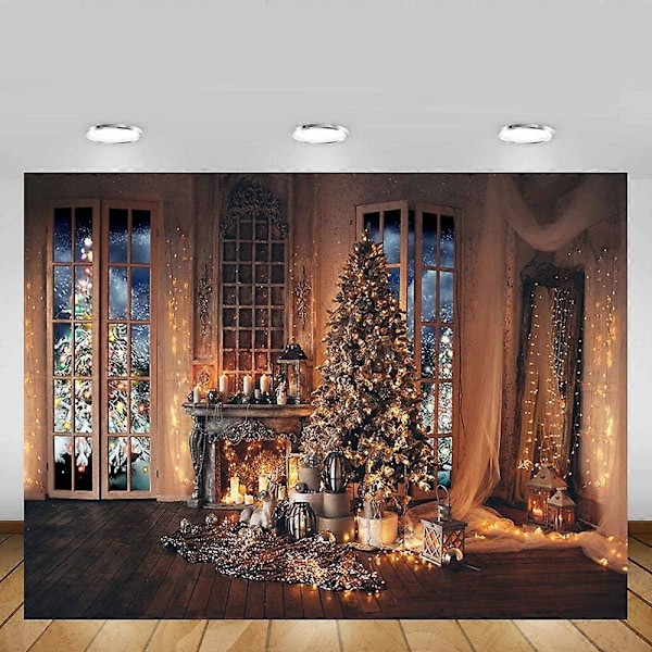 7x5ft Julgran String Lights Bakgrunder Eldstad Ljus Gåvor Fönster Fotografi Bakgrund Rustik Brun Trävägg Vinter Semester