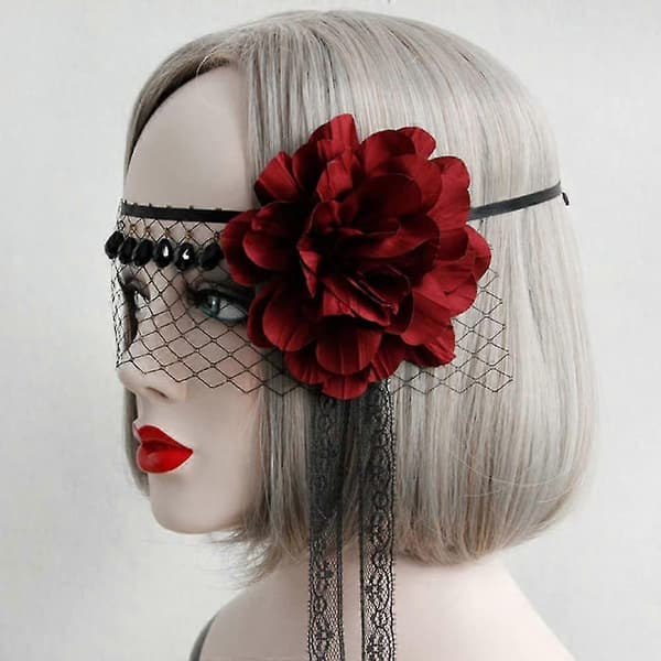 Maskerade Mesh Slør Hårbøjle Med Bourgogne Blomst Sort Blonde