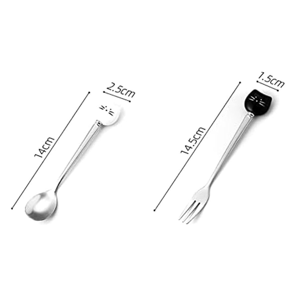 Söt Katt Kaffesked & Gaffel Set, Keramik Rostfritt Stål Katt Dessert Sked Dryckeskedar Frukt