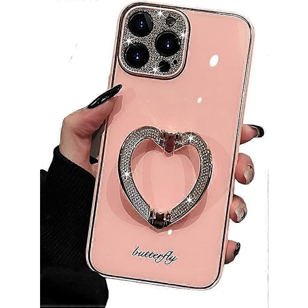Kompatibel med iPhone 11 Pro Cover til Piger Kvinde Sødt Glitter Rhinestones Belægning Cover med Hjerte Foldestativ Holder Hård PC Bagside Blød TPU Bumper