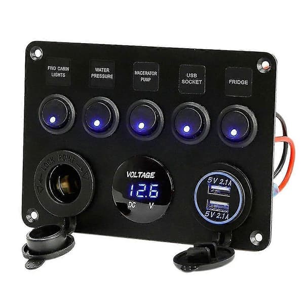 Vanntett Marine Båt LED 5 Vippebryter USB Voltmeter Strømuttak Panel