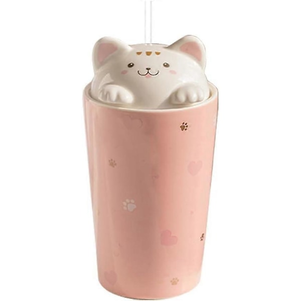 Kattkaffemugg med sugrör, keramisk resekopp med 3D-kattungelucka, återanvändbar för te, mjölk, bubbelte