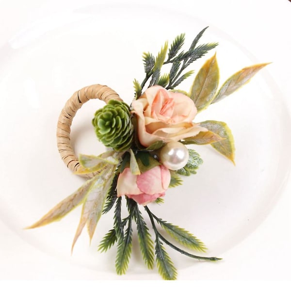 Dubbla servettringar set med 4, rosa blomma servettringar med bär och gröna blad Handgjord servett