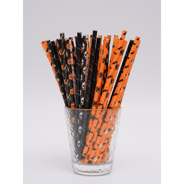 100 paperipillin pakkaus Halloween-aiheiset paperipillit musta oranssit biohajoavat pillit Kurpitsa ja hämähäkinverkko pillit Halloweenin joulujuhlat