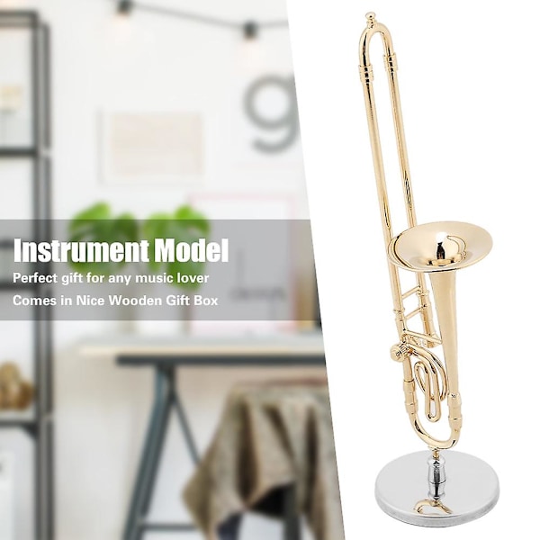 Miniatyr Trombon Replika Förgylld Modell med Stativ och Fodral Musikaliskt Ornament