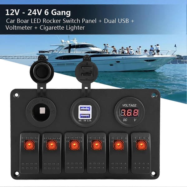 12V 24V 6 Gang Bil Båd LED Vippekontakt Panel Dobbelt USB Voltmeter Cigarettænder Orange