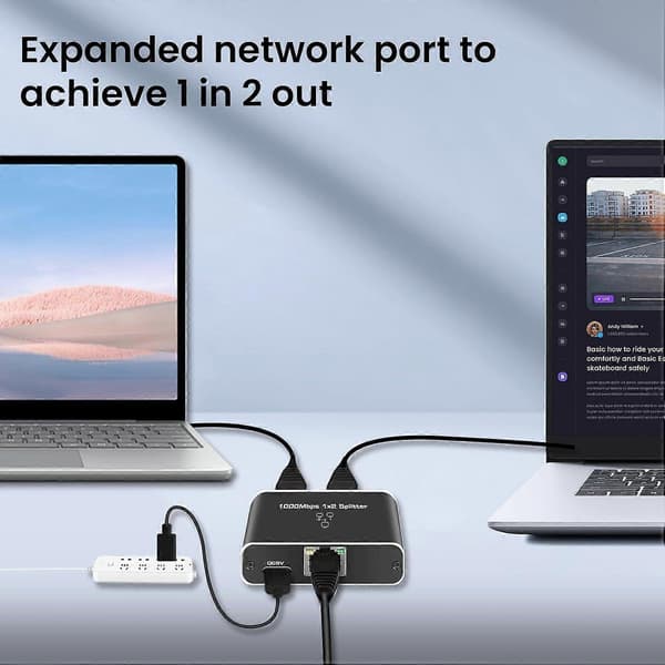 Ethernet Splitter 1 til 2, 1000Mbps RJ45 Netværks Splitter med USB Strøm, Dobbelt Enhed Support til Cat5/6/7/8