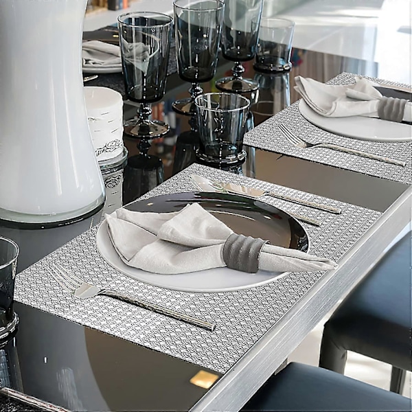 Sett med 6 vaskbare PVC-plastbrikker - Vinyl coasters, slitesterke og varmebestandige brikker (glitter grå)