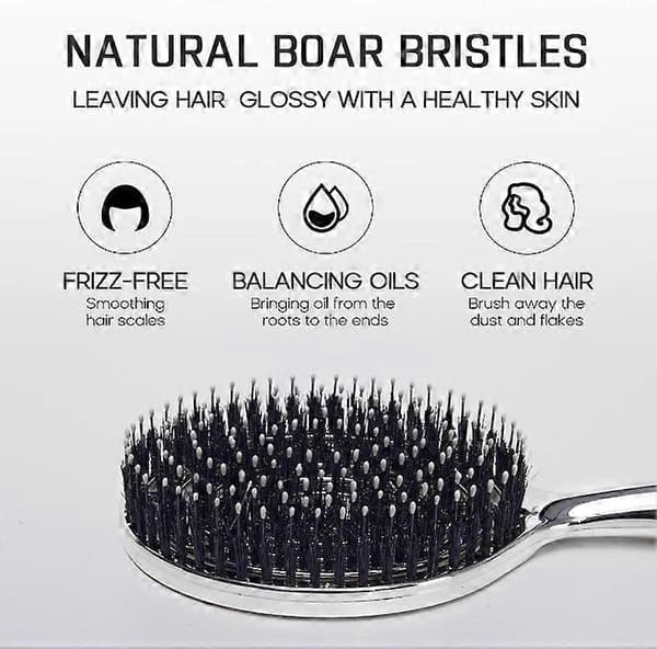 Halovida Hårborste för Utrassling, Dubbellagersdesign med Vildsvinsborst, Hårbottenmassageborste, Krom Silver