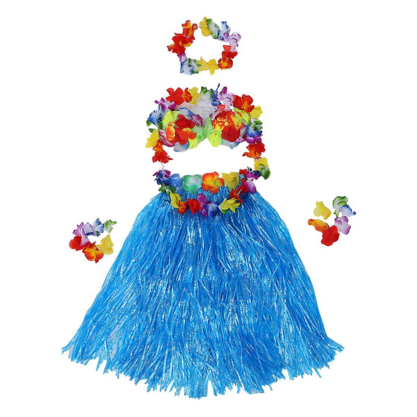 6 sett Hawaiian Grass Skjørt blomst Hula Lei Armbånd Garland fancy Dress kostyme - Blå