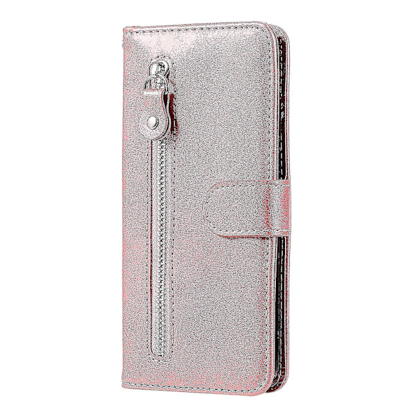 Pengepung til LG K40/ LG K12, Premium PU Læder Magnetisk Lukning Kortlommer Støttefod Lynlås Lomme Blød TPU Flip Cover - Pink