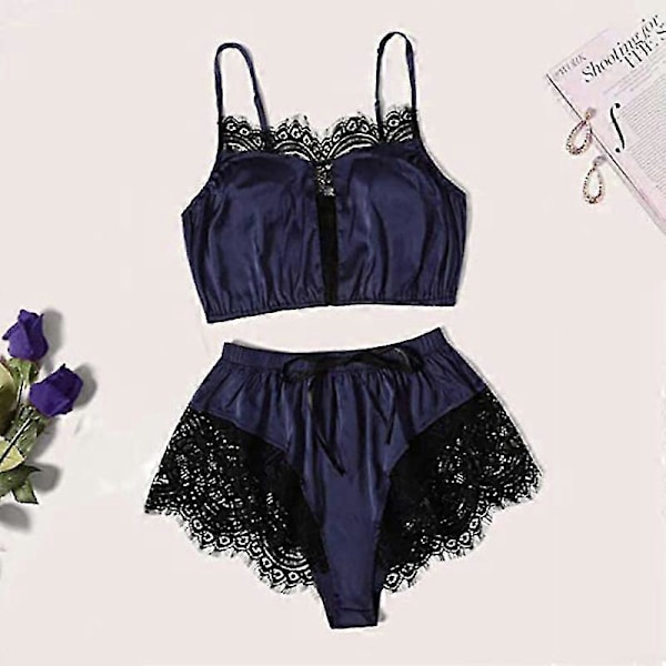Sovplagg för damer 2 delar Blommig spetskant Satin Cami Pyjamasset Kvinnlig Mesh Nattlinne Lingerieset