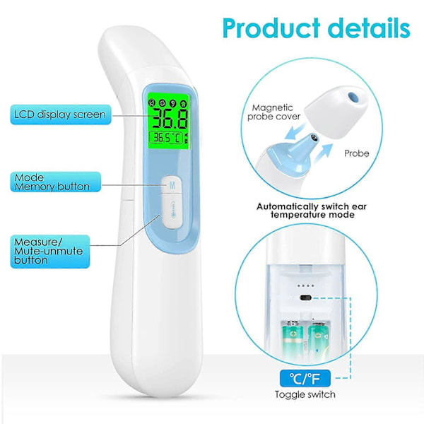 Öron- och Panntermometer för Vuxen, KKmier Kontaktlös Digital Termometer, 4 i 1 Infraröd Temperaturmätare