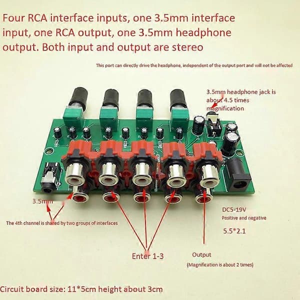 Multi-Source RCA Mixer Stereo Audio Reverb Audio Switch Switcher 4 Input 2 Output Driver Hovedtelefon Lydstyrkekontrol