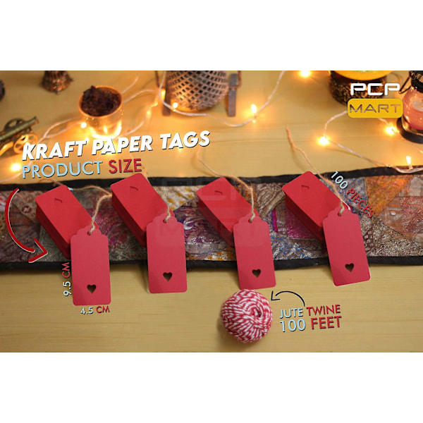 100 st 9x4,5 cm presentetiketter av kraftpapper med 30 m jutesnöre för DIY bagageetiketter bröllop alla hjärtans dag jul (röd)