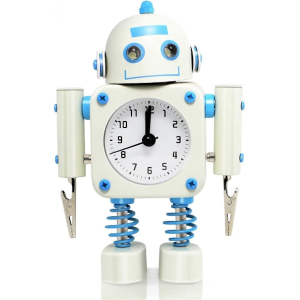 SBSG Icke-Tickande Robot Väckarklocka Rostfritt Stål - Väckarklocka med Blinkande Ögon och Handklämma (Vit)
