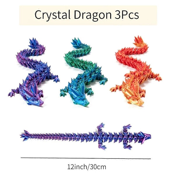 3D-printet Krystall Drage 30cm 3 stk, 3D-printet Fleksibel Artikulerende Drage, Dekor