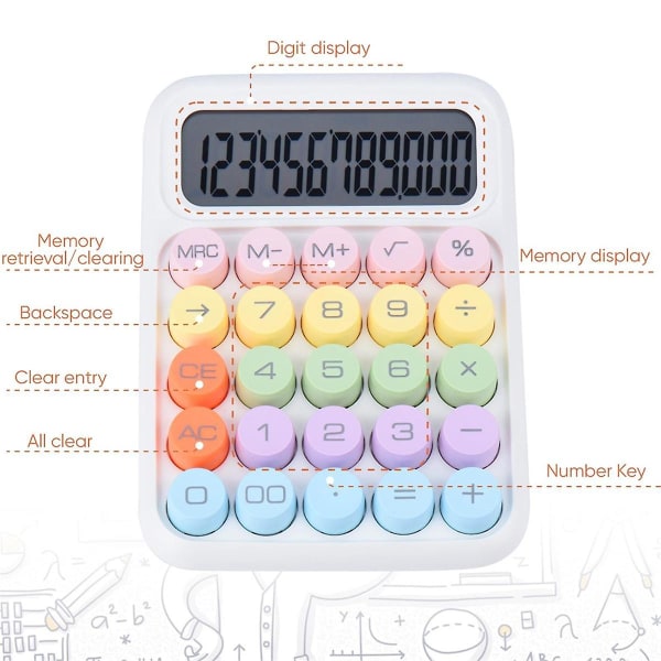 Mekanisk trykknappkalkulator, 12-sifret LCD-skjerm, store knapper som er enkle å trykke på, fargerikt godteri C