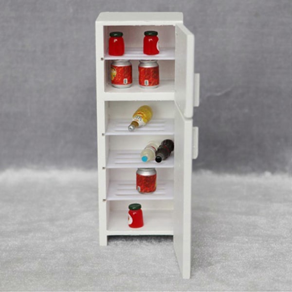 1/12 Miniatyr Trä Dubbeldörr Kylskåp Simulering Kylskåpsmodell för Dockhus Dekoration Silver