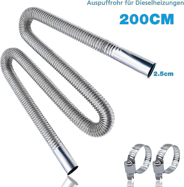200 cm eksosslange: Rør i rustfritt stål, 25 mm diesel, 2 klemmer