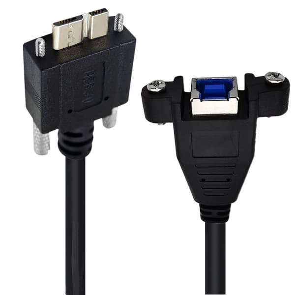 5Gbps nopeuksinen USB 3.0 -datakaapeli kiinnitysruuveilla, USB B naaras–micro B uros -adapterikaapeli.