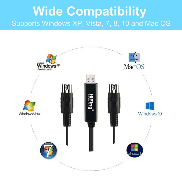 USB MIDI-gränssnittskonverterare/adapter med 5-polig DIN MIDI-kabel för PC/laptop