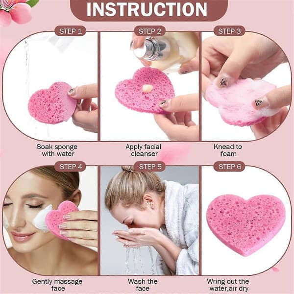 100 stk. Komprimerte Svamper Hjerteform Ansiktssvamper for Rensing Naturlige Rensesvamper Pads