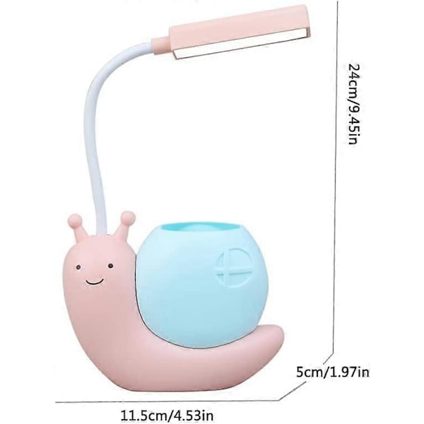 Barnelampe med Penneholder, LED Skrivebordslampe for Barn, Snegleform USB Lading Studentlæring Øyebeskyttelseslampe med 360° Bøybar Justerbar Hals Rosa