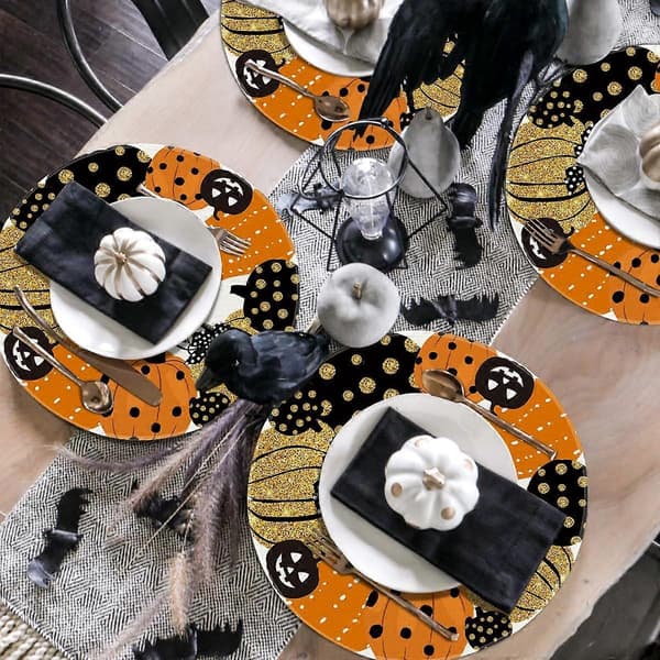 Jack-O'-Lantern Halloween Runde Dækkeservietter Sæt med 4, 35,5 cm Efterårs Runde Bordmåtter