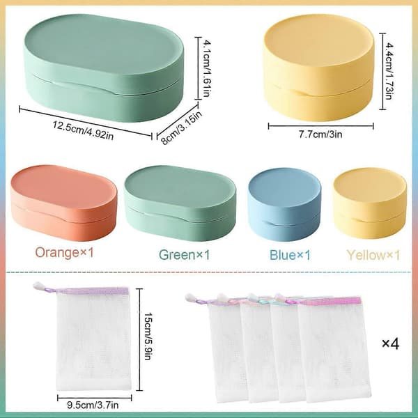 Bærbar oval og rund sæbeæske 4-delt sæt med 4 skumnet i plastmateriale, velegnet til hjemmerejser
