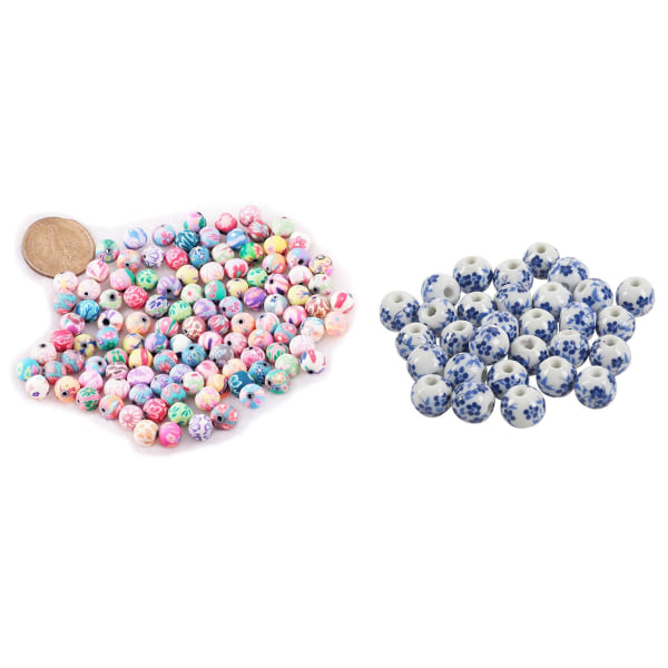 30x blomstermønster runde keramiske perler 12 mm (4/8 tommer) Dia. Hvit+blått