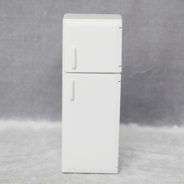 1/12 Miniatyr Trä Dubbeldörr Kylskåp Simulering Kylskåpsmodell för Dockhus Dekoration Silver