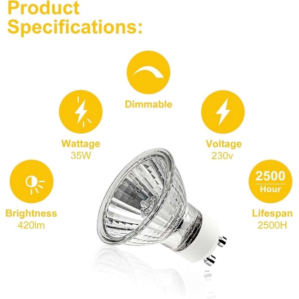 GU10 35W Glödlampor, GU10 Halogenlampor, AC 230V 35W Spotlampa, GU10 Halogenlampor 2 Stift 35 Graders Ljusvinkel 2700K Dimbar Varmvit, P