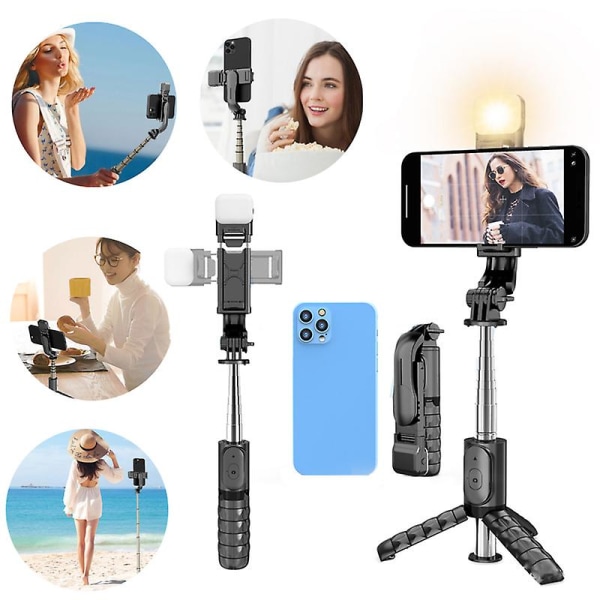 Selfie Stick Stativ Med Lys 3 In1 Utvidbar Bluetooth Selfie Stick Kompakt Selfie Stick For Fotografering