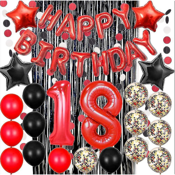 18 års fødselsdagspynt til pige, rød og sort sød 18 års fødselsdagspynt Tillykke med 18 års fødselsdagsfest balloner til pige Sort rød balloner Decor Ki
