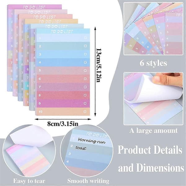 12 stk. To Do List Sticky Notes, 13x8 cm, 600 ark, Assorterede farver, Linjeret, Planlægger, Daglig notesblok