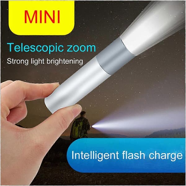 Mini-taskulamppu USB Ladattava LED-taskulamppu Vedenpitävä Teleskooppinen Tehokas Taskulamppu Ulkotyö Zoom Kannettava Taskulamppu Silver