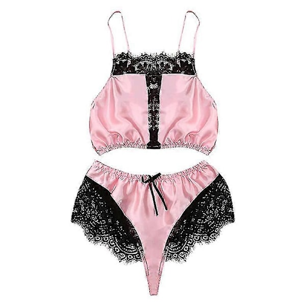 Sovplagg för damer 2 delar Blommig spetskant Satin Cami Pyjamasset Kvinnlig Mesh Nattlinne Lingerieset