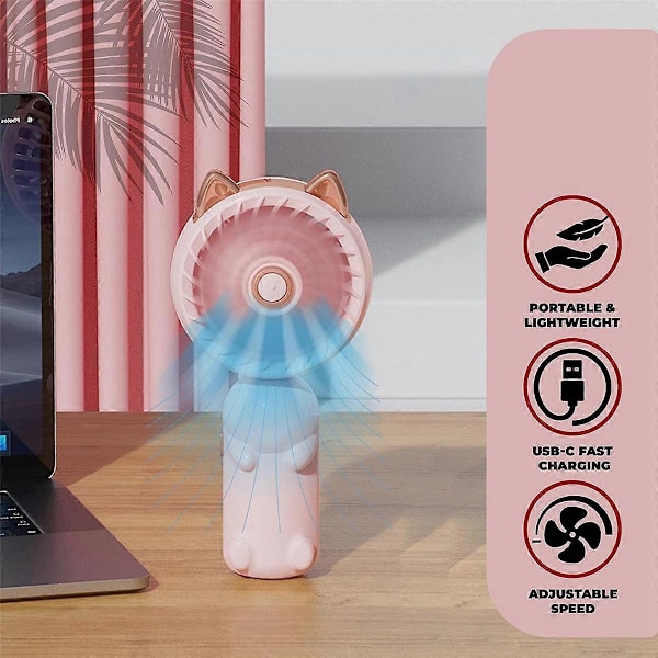 Bærbar håndvifte med ører - Minivifte med USB-oppladbart batteri, sammenleggbar liten vifte (rosa)