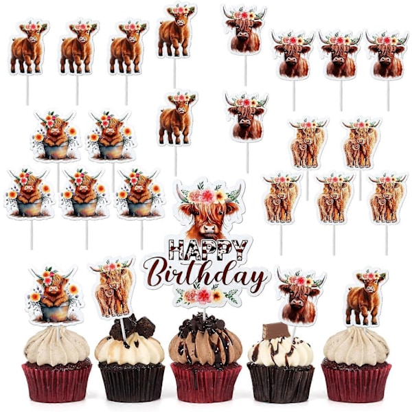 25 kpl Ylämaanlehmä Kakunkoristeita, Ylämaanlehmä Syntymäpäiväkoristeet Cupcake